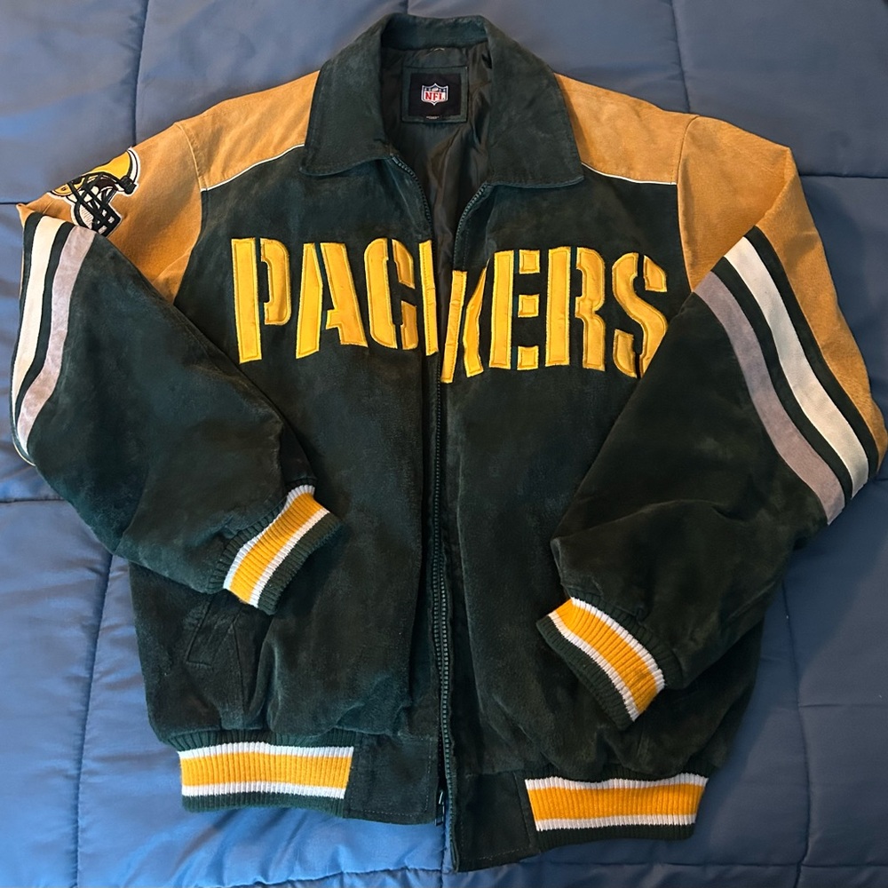 Vintage NFL Green & Gold Green Bay Packers Suede Bomber Jacket Y2K